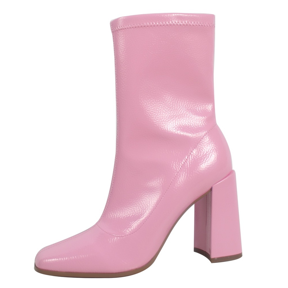 Pink Square Toe Mid Calf Block Heel Ankle Bootie - Picture 5 of 9